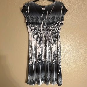 Agenda Black Gray and White Tie-Dye Rhinestone Dress with Scrunched Waist